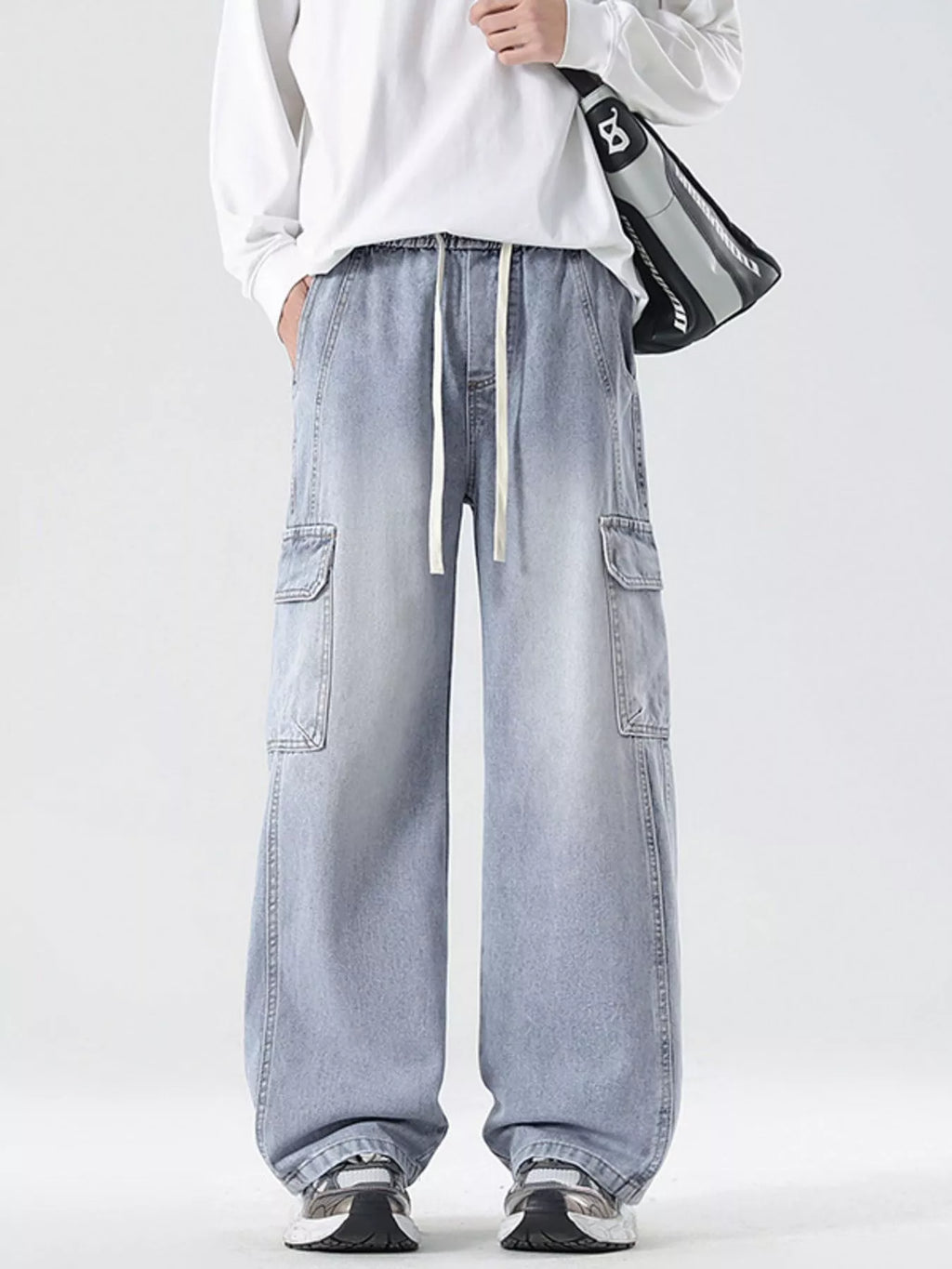 Wide Leg Cargo Jeans Plus Size in Light Blue for Men