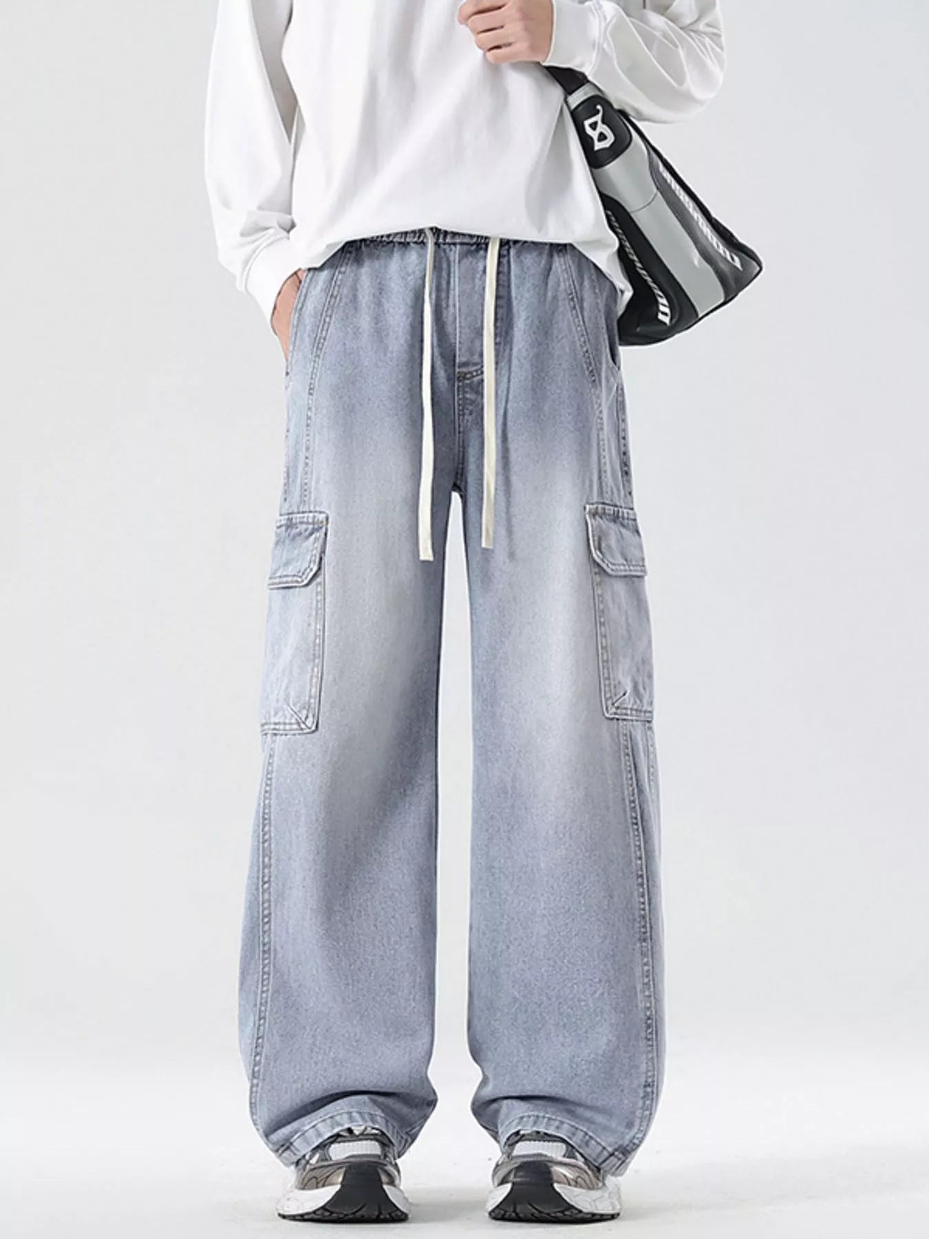 Wide Leg Cargo Jeans Plus Size in Light Blue for Men