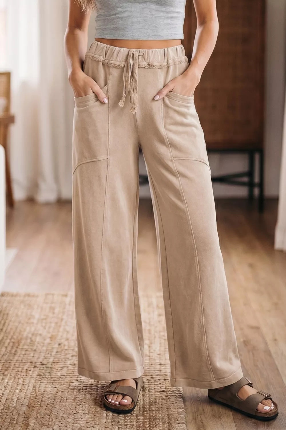 Mineral Wash Drawstring Retro High Waist Wide Leg Western Pants in Khaki for Women