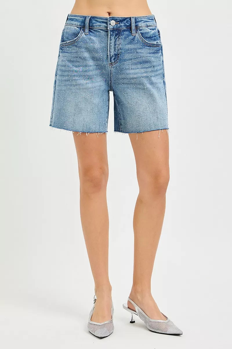 Slouchy Mid Length All Over Rhinestones Shorts for Women