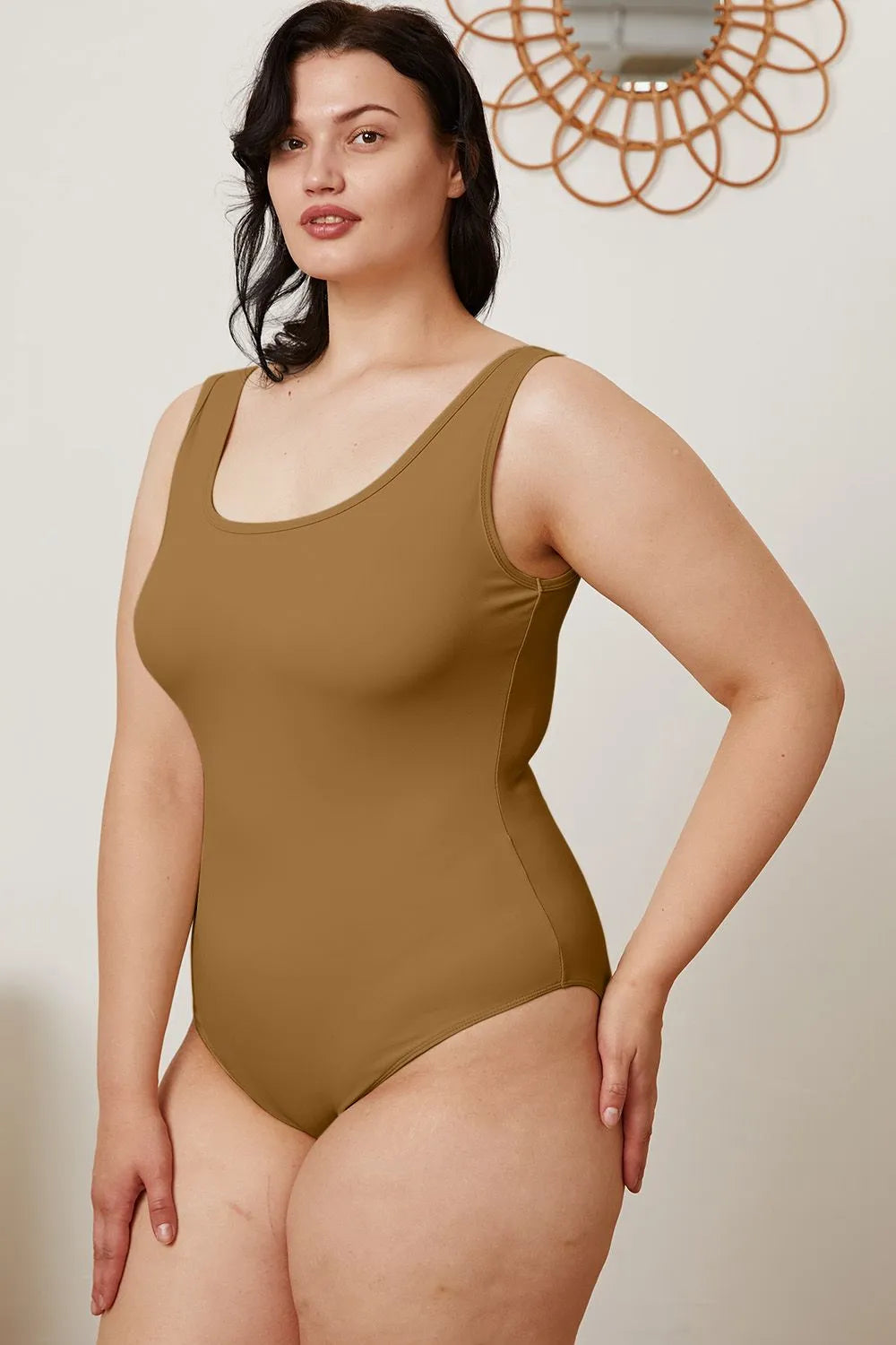 Plus Size Square Neck Sleeveless Bodysuit in Camel for Women