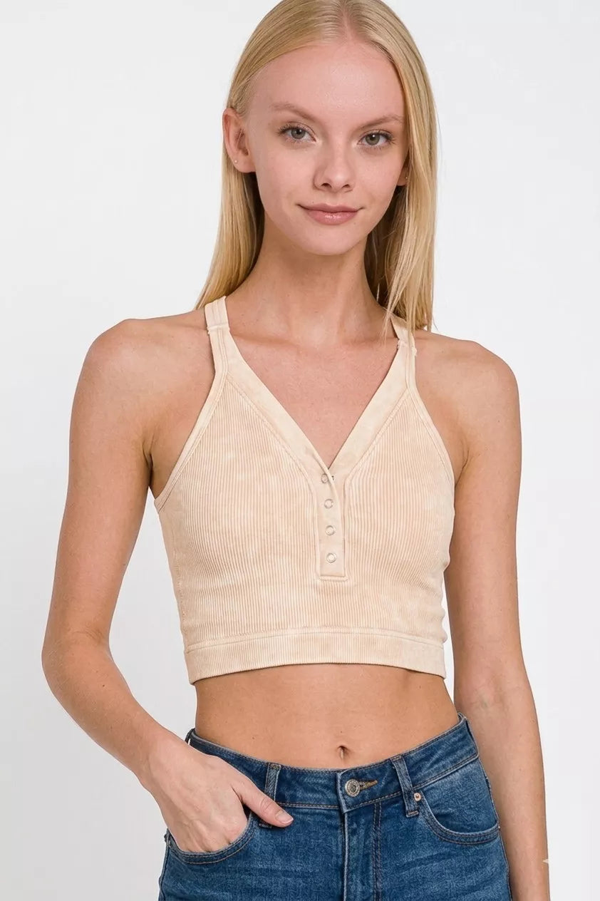 Washed Ribbed Seamless Button V-Neck Tank Top in Sand Beige for Women