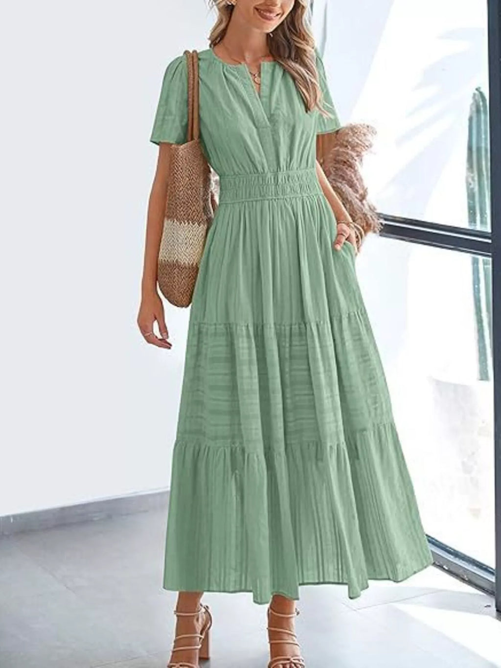 Plus Size Short Sleeve Tiered Midi Dress in Dusty Pink for Women