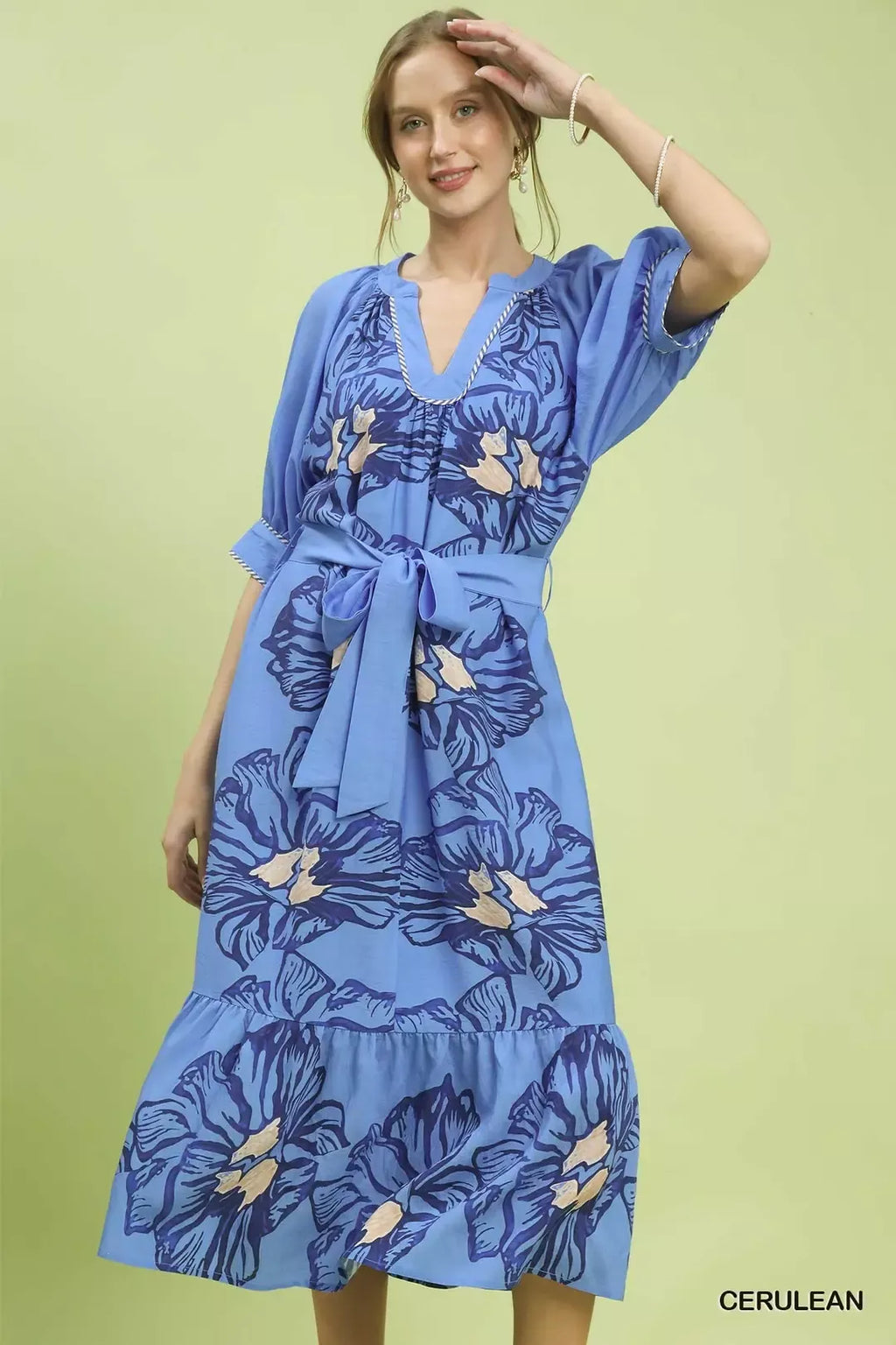 Floral Belted Midi Dress in Cerulean for Women