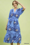Floral Belted Midi Dress in Cerulean for Women