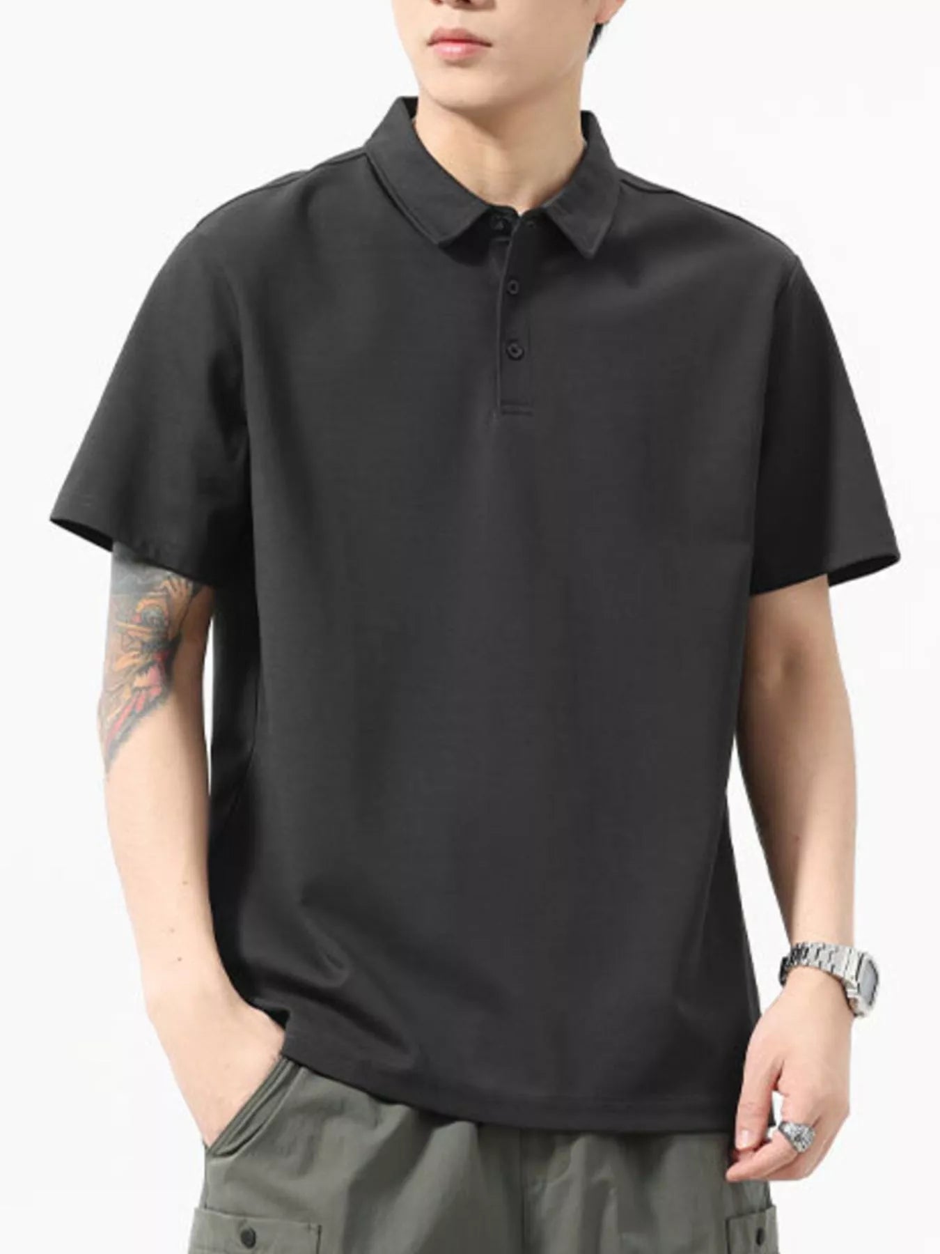 Button Detail Short Sleeve Polo Plus Size in White in Grey for Men