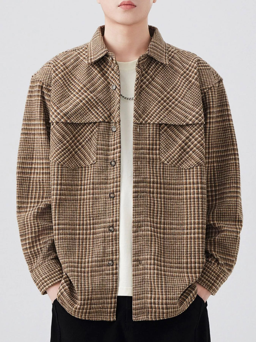 Plus Size Plaid Button Up Long Sleeve Shirt in Coffee Color for Men