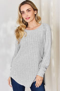 Plus Size Ribbed Round Neck Slit T-Shirt in Light Gray for Women