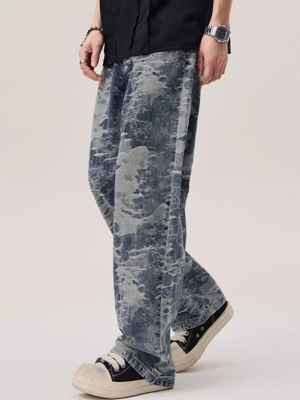 Wash Wide Leg Jeans in Blue Jacquard for Men