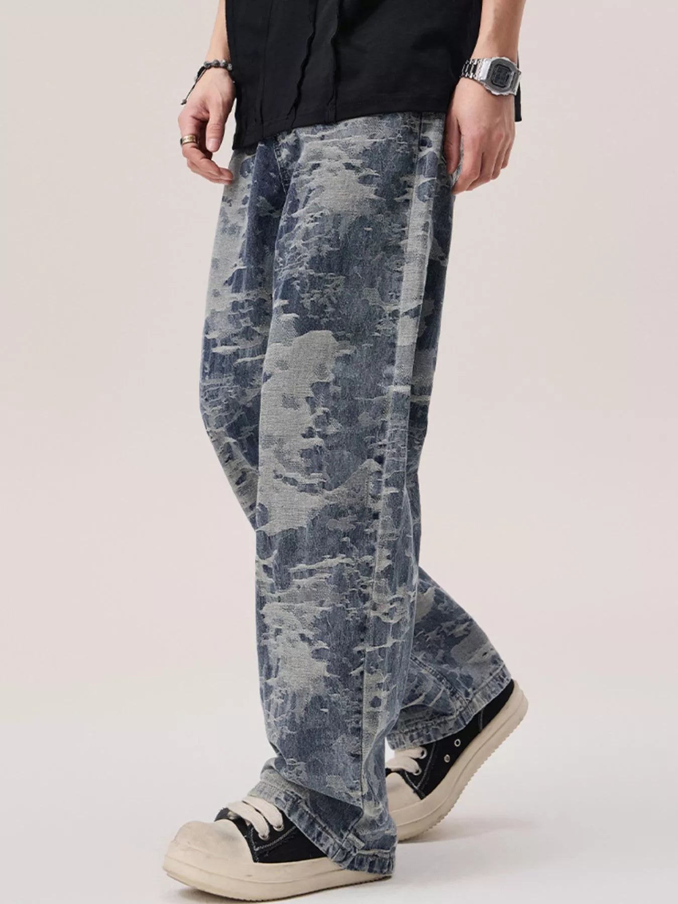 Wash Wide Leg Jeans in Blue Jacquard for Men