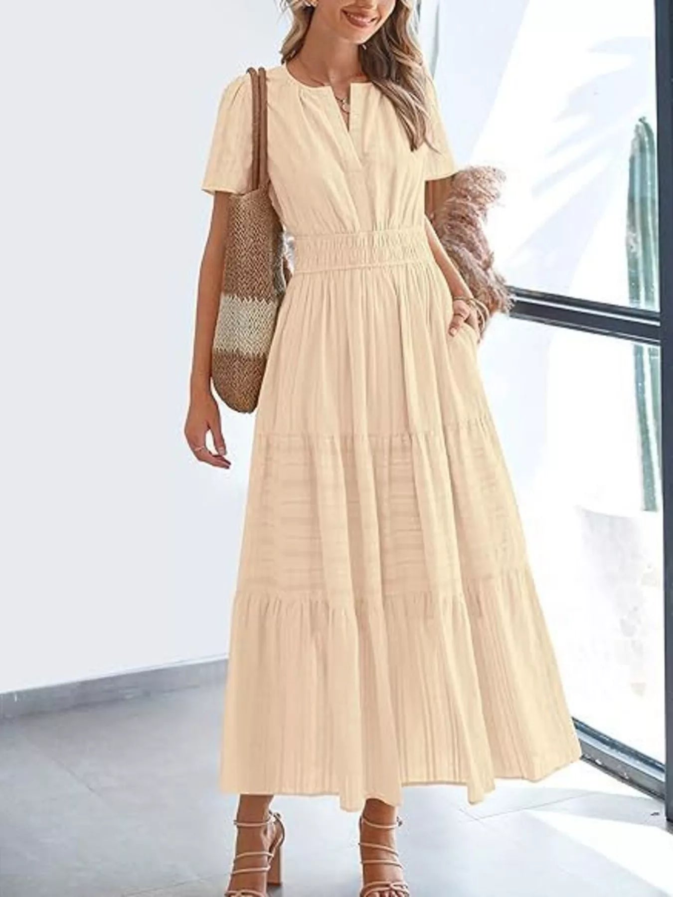 Plus Size Short Sleeve Tiered Midi Dress in Dusty Pink for Women
