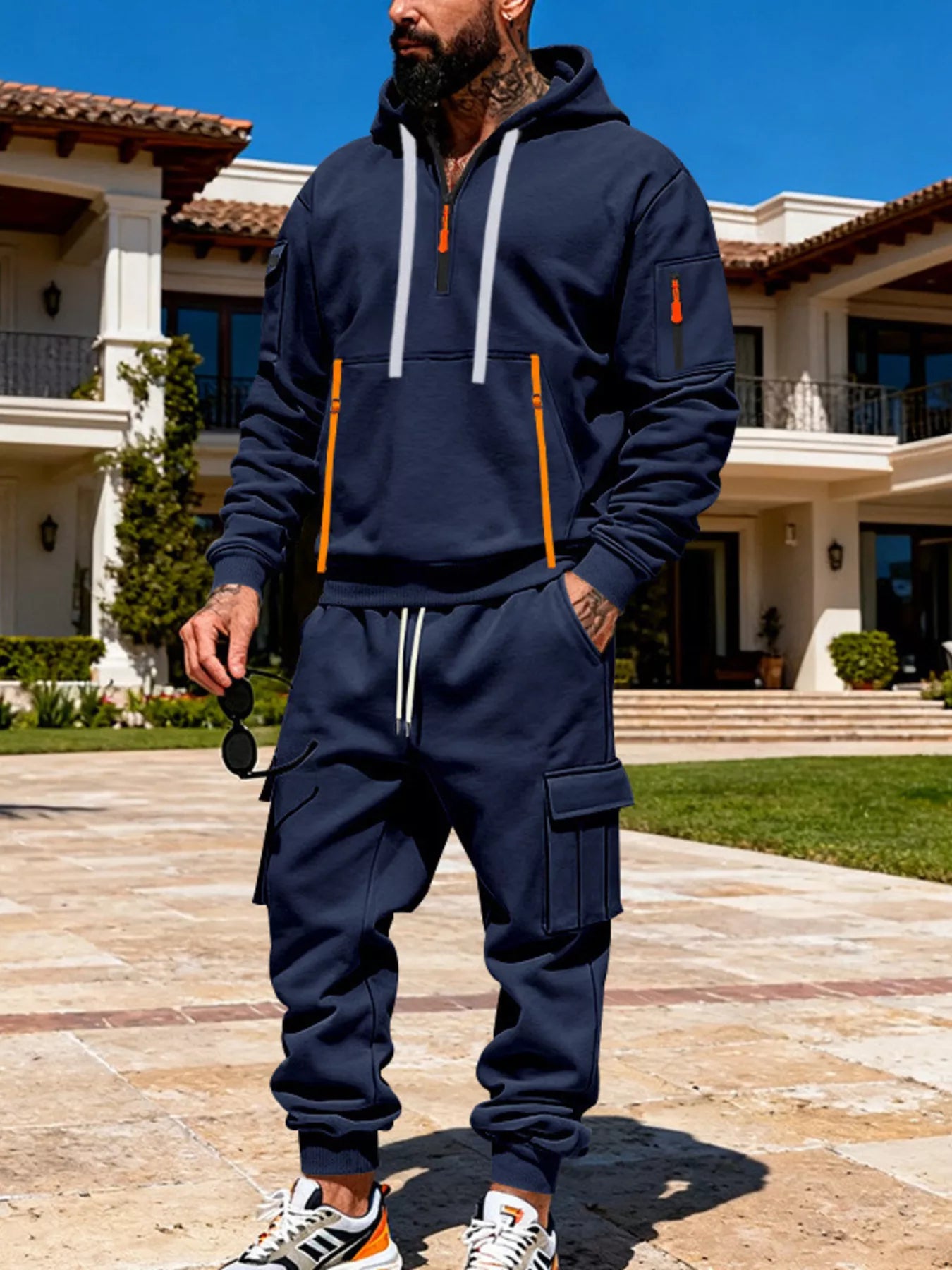 Half Zip Hoodie and Cargo Pants Set Plus Size in Dark Gray for Men