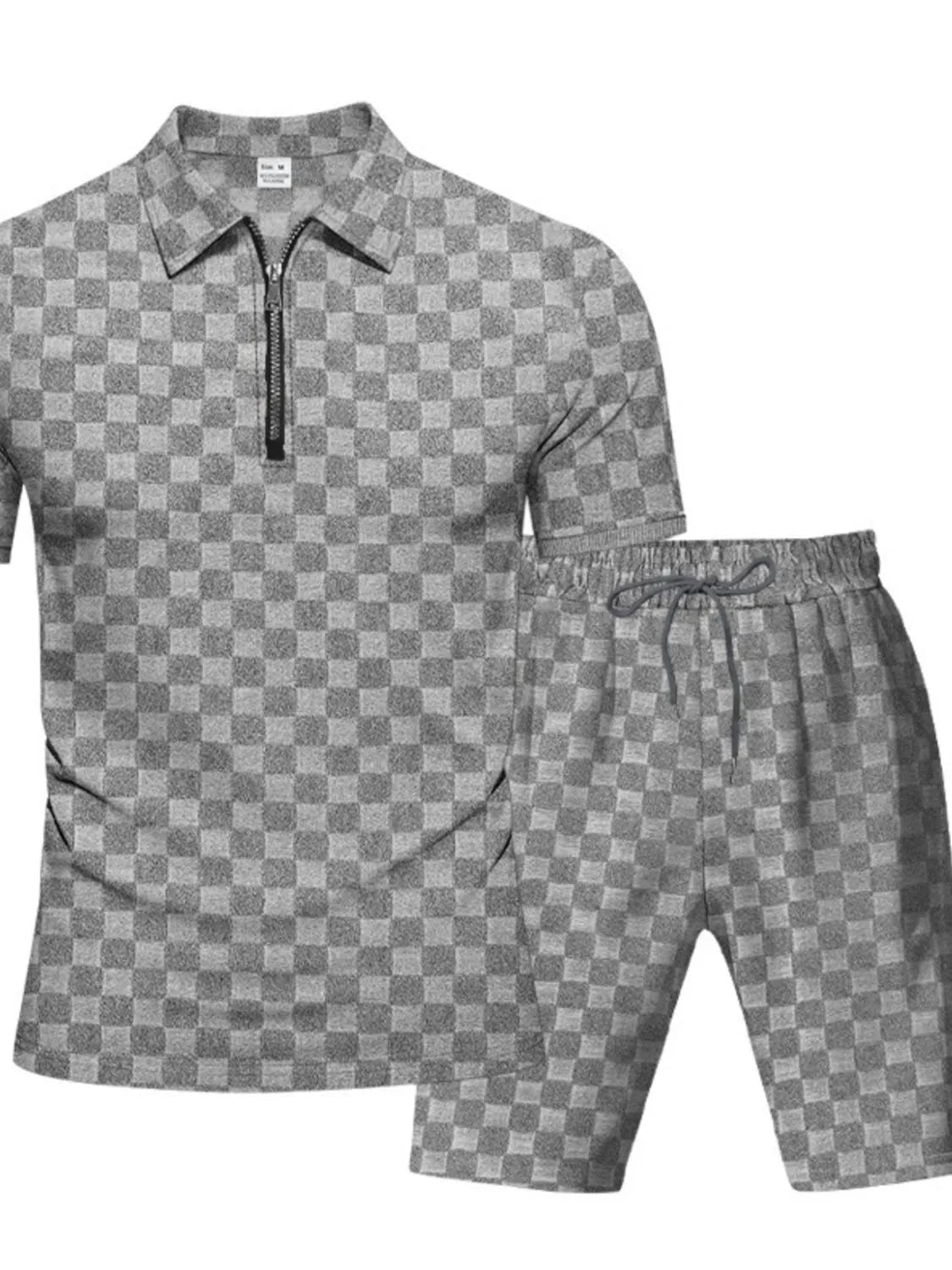 Quarter Zip Short Sleeve Top and Shorts Set Plus Size in Black for Men