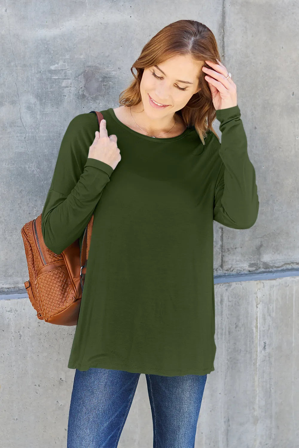 Plus Size Round Neck Dropped Shoulder T-Shirt in Army Green for Women