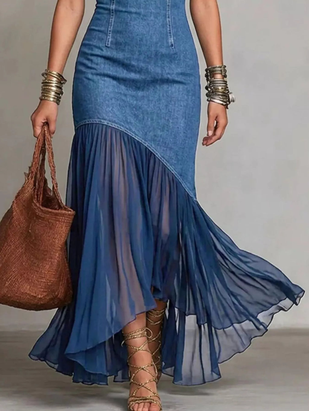Mock Neck Cold Shoulder Ruffle Hem Maxi Dress in Blue for Women