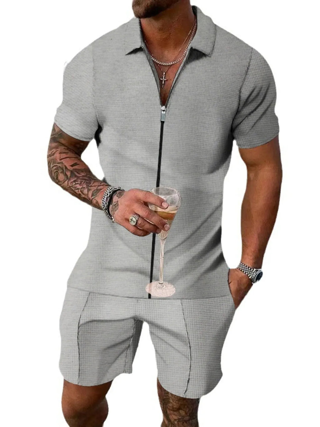 Plus Size Zip Up Short Sleeve Top and Shorts Set in White for Men