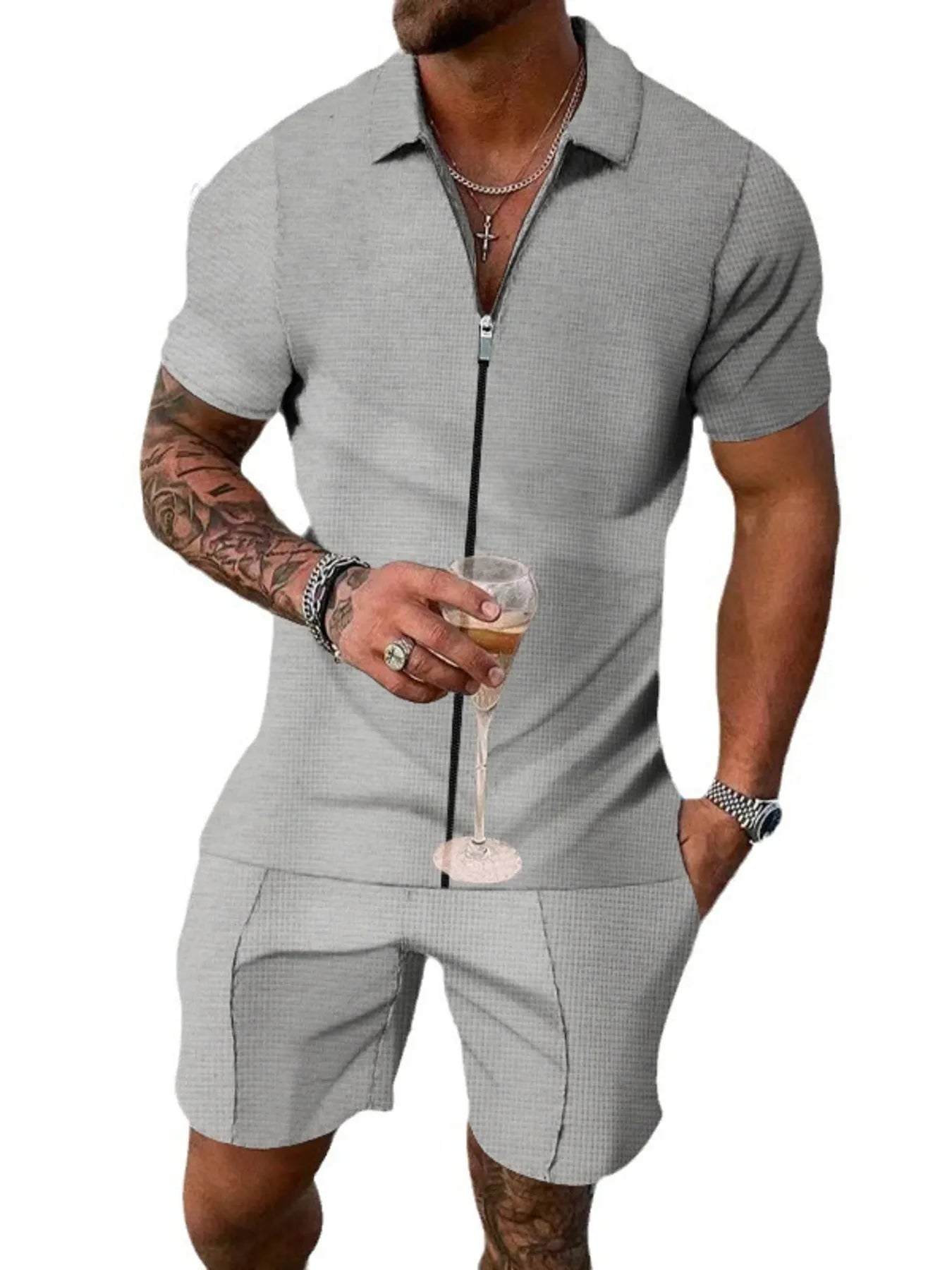 Plus Size Zip Up Short Sleeve Top and Shorts Set in White for Men