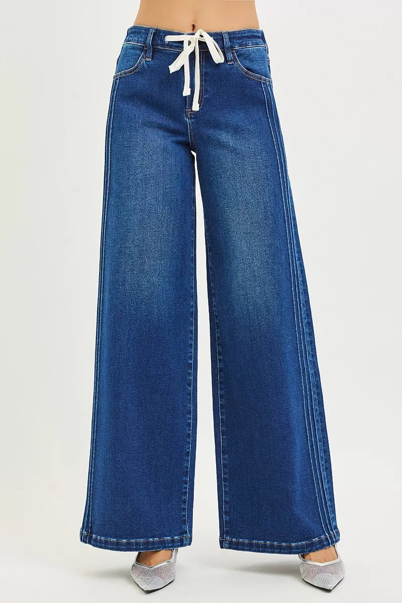 Mid Rise Wide Side Pintuck Jeans with Front Drawstring Plus Size in Dark for Women