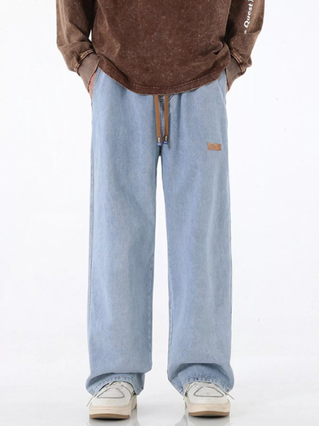 Plus Size Wide Leg Drawstring Jeans in Light Blue for Men