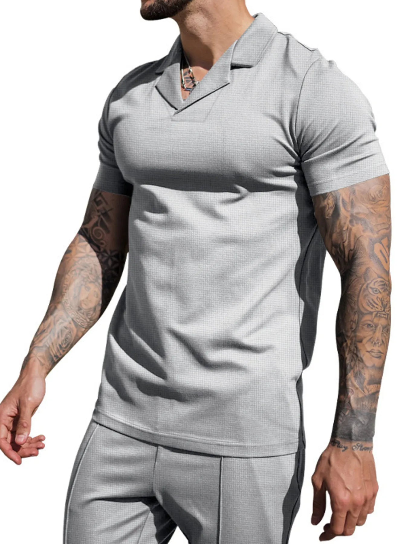 Plus Size Short Sleeve Top and Shorts Set in Grey for Men