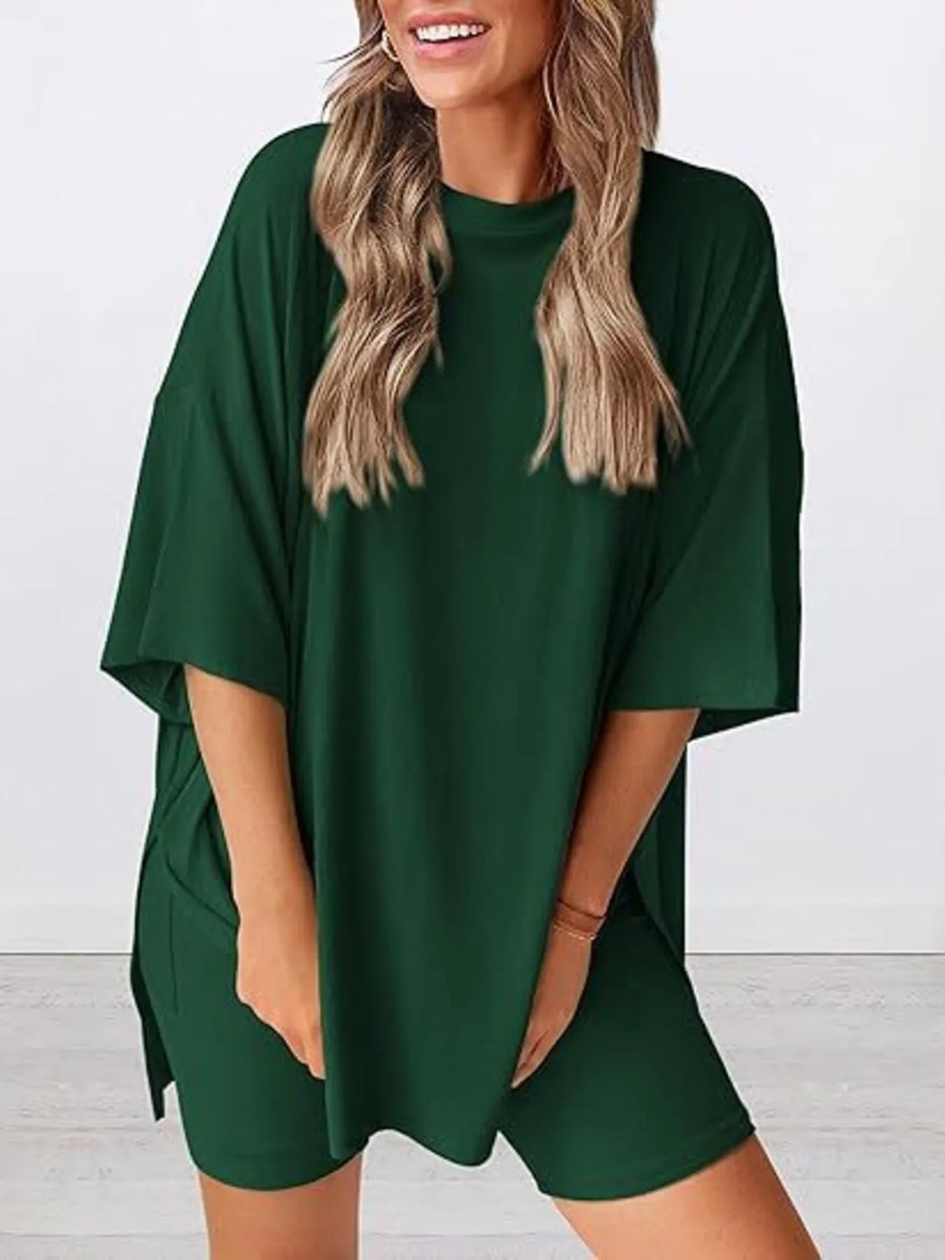 Oversized Slit Round Neck Top and Shorts Lounge Set Plus Size in Burgundy for Women