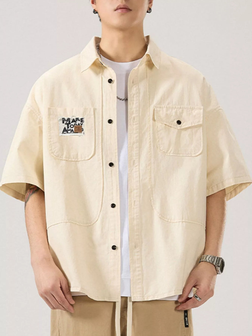 Button Up Short Sleeve Shirt Plus Size in Army Green in Light Apricot for Men