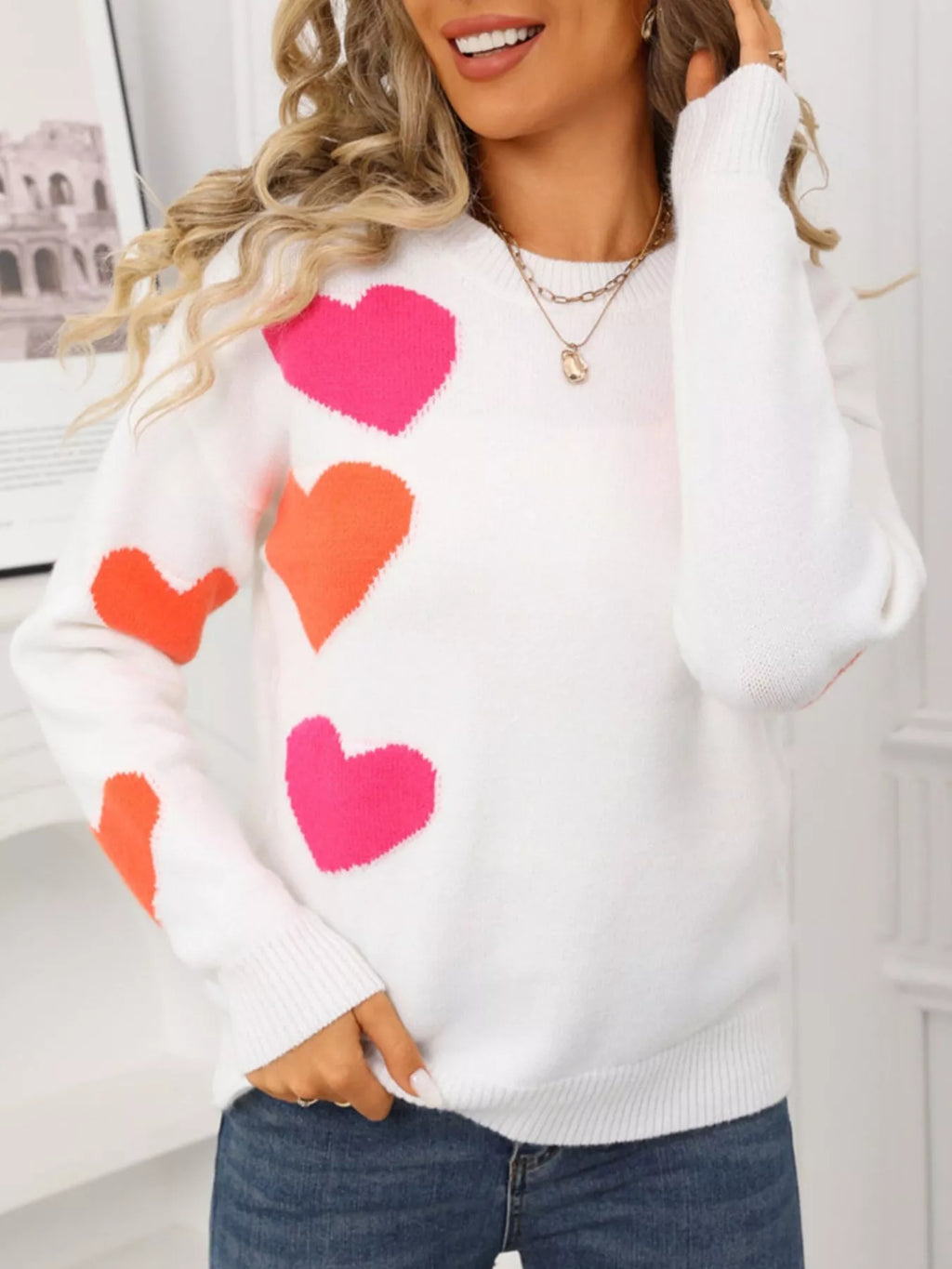 Valentines Day Heart Pattern Round Neck Sweater in Black for Women