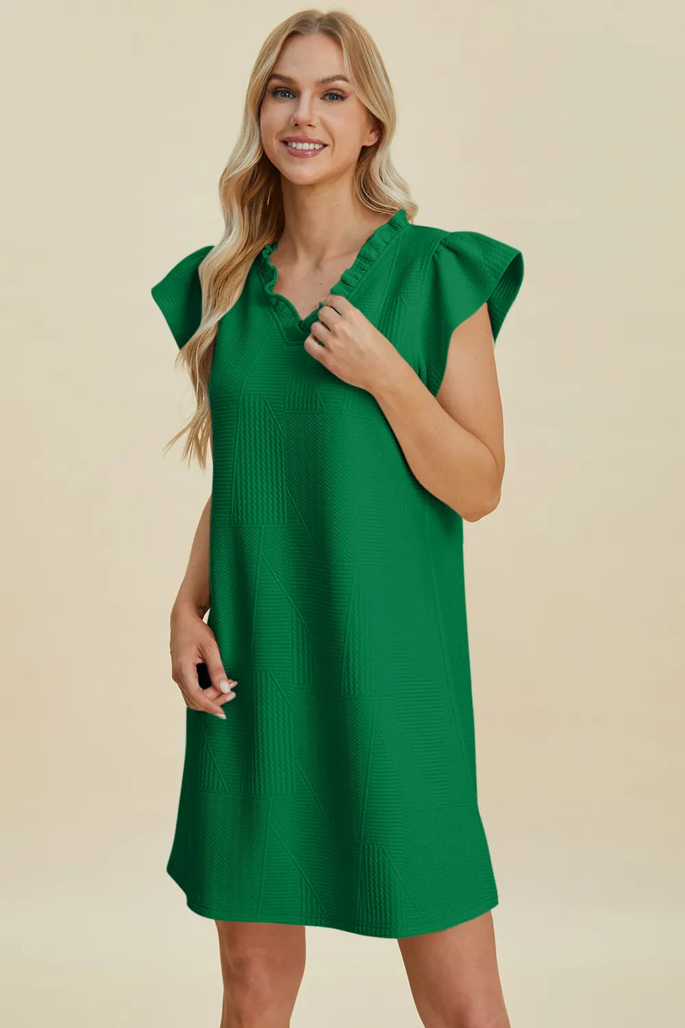 Plus Size Ruffled V-Neck Cap Sleeve Dress in Dark Green for Women