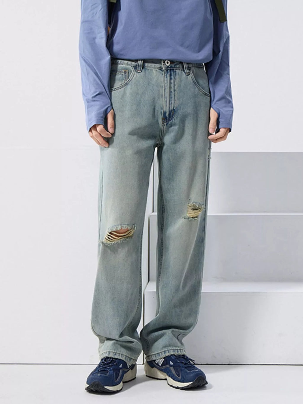Distressed Wide Leg Jeans in Light Blue for Men