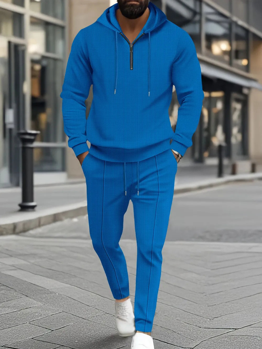 Waffle-Knit Half Zipper Hoodie and Pants Set Plus Size in Black for Men