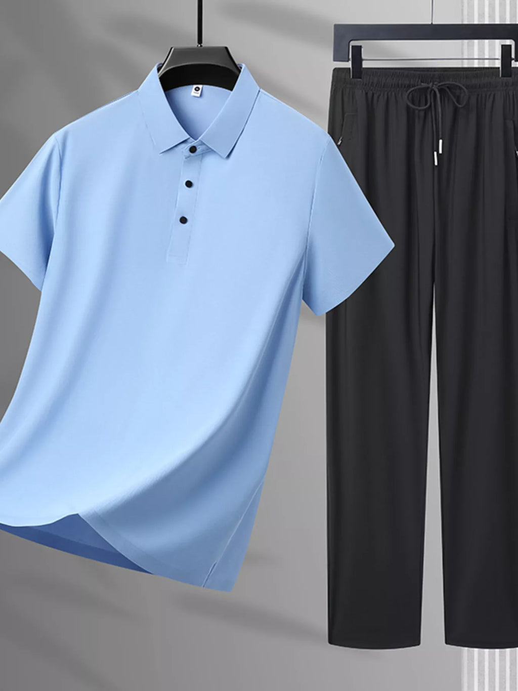 Plus Size Button Detail Polo and Pants Set in White for Men