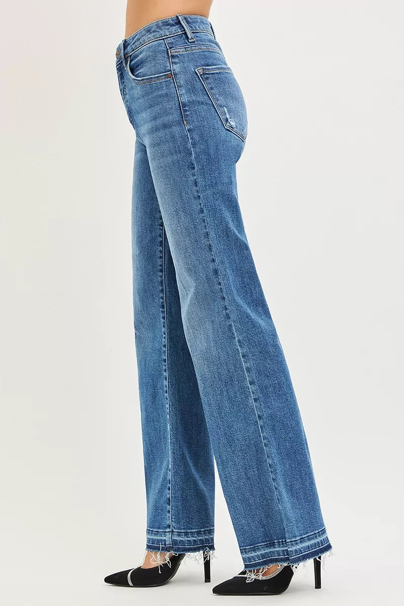 High Rise Wide Leg Jeans with Released Hem in Medium for Women