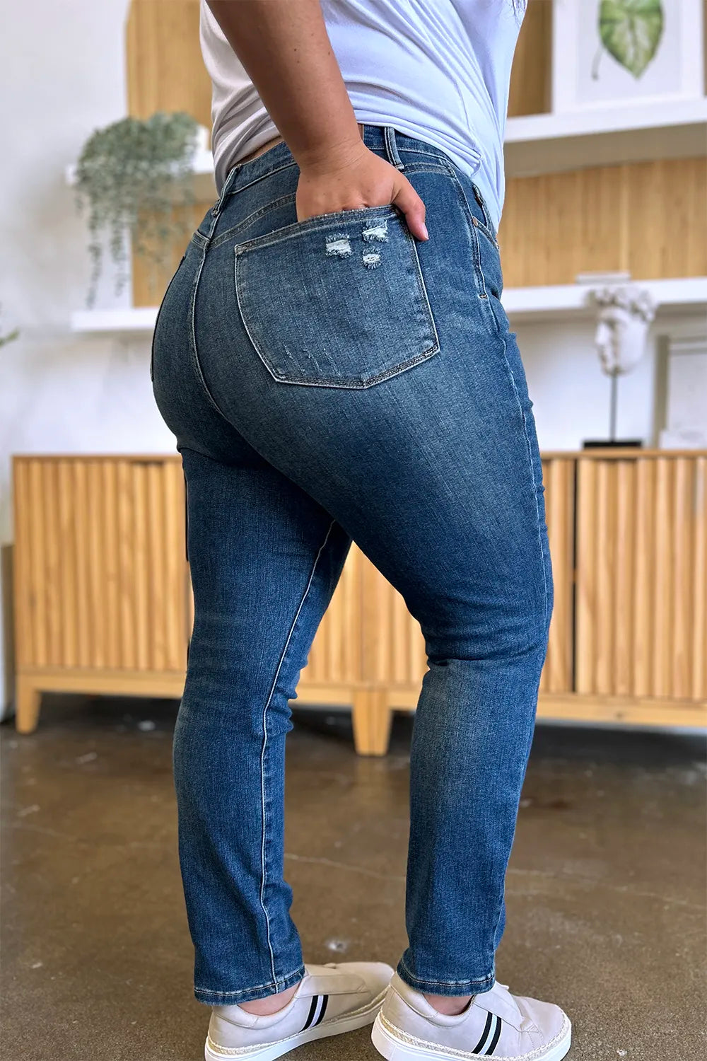 Plus Size Tummy Control High Waist Slim Jeans in Dark for Women