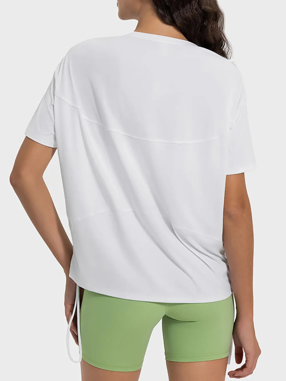 Drawstring Round Neck Short Sleeve Active T-Shirt in White for Women