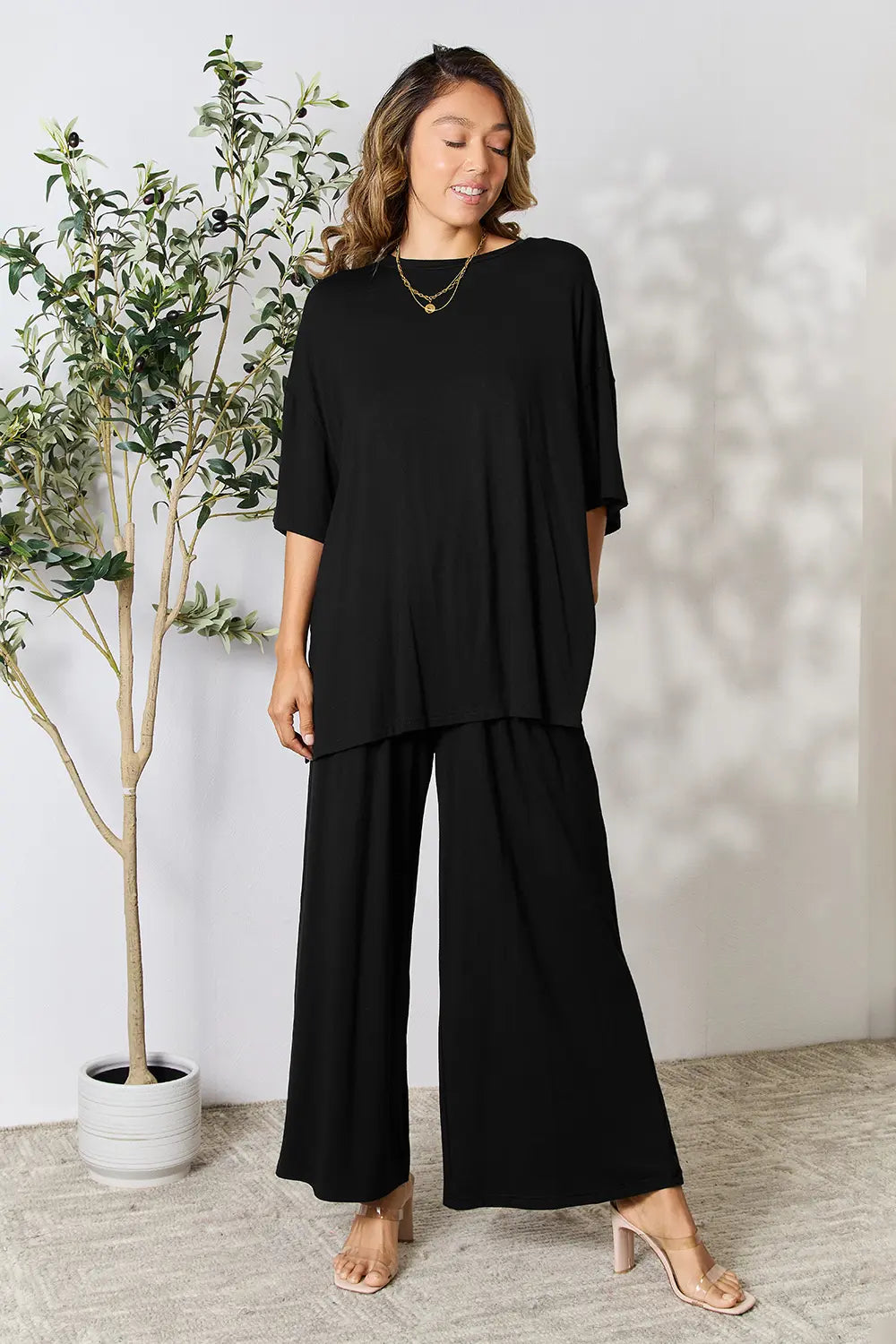 Plus Size Round Neck Slit Top and Pants Set in Black for Women