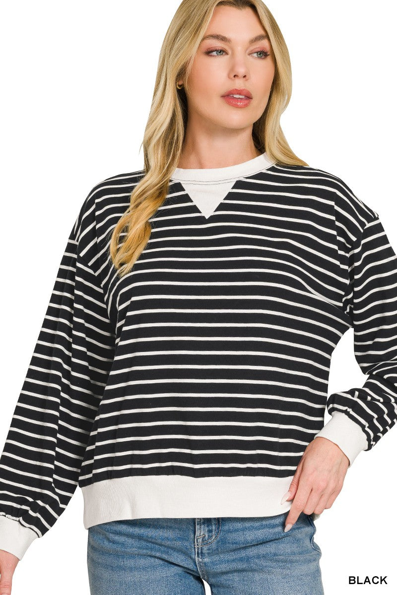 Striped Rib Banded Sweatshirt in Black for Women