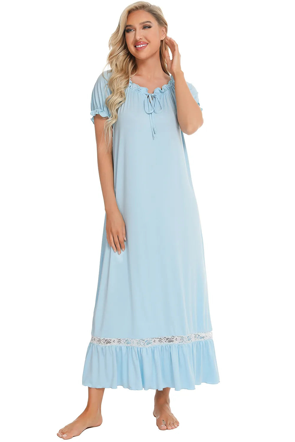 Lace Detail Short Sleeve Lounge Dress in Light Blue for Women