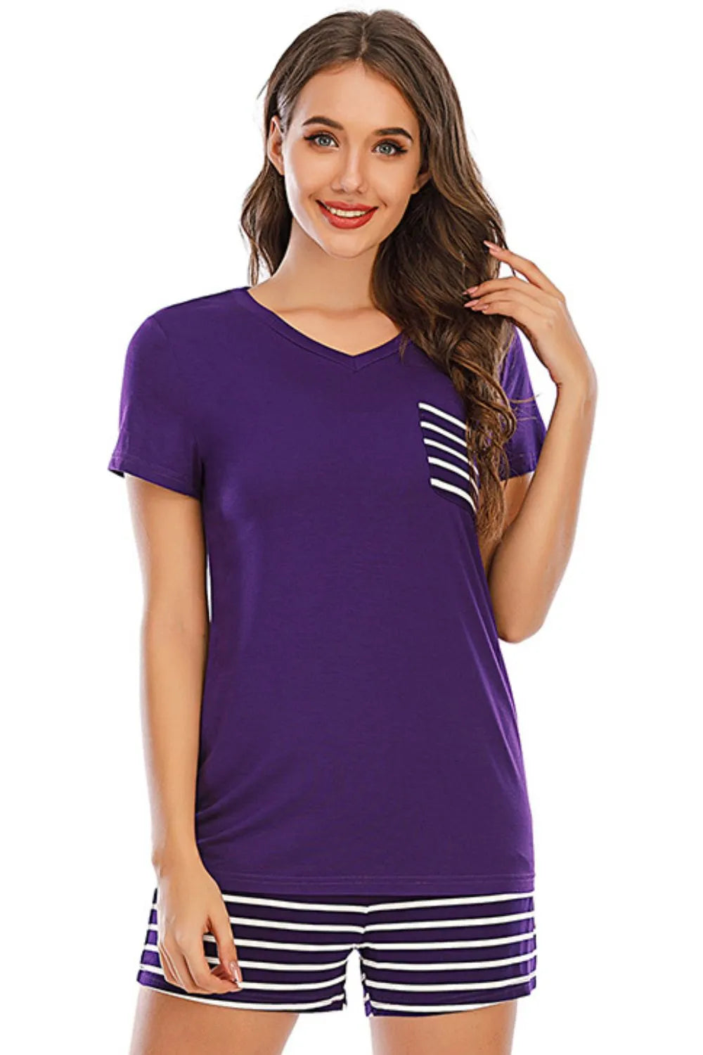 Striped Short Sleeve Top and Shorts Lounge Set in Deep Teal for Women