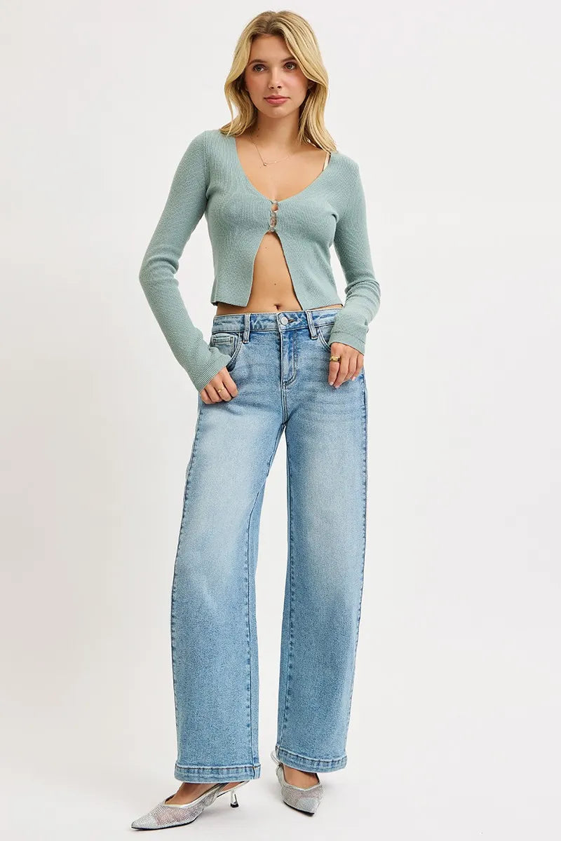 Mid Rise Wide Barrel Transferable Leg Snap Jeans in Medium for Women