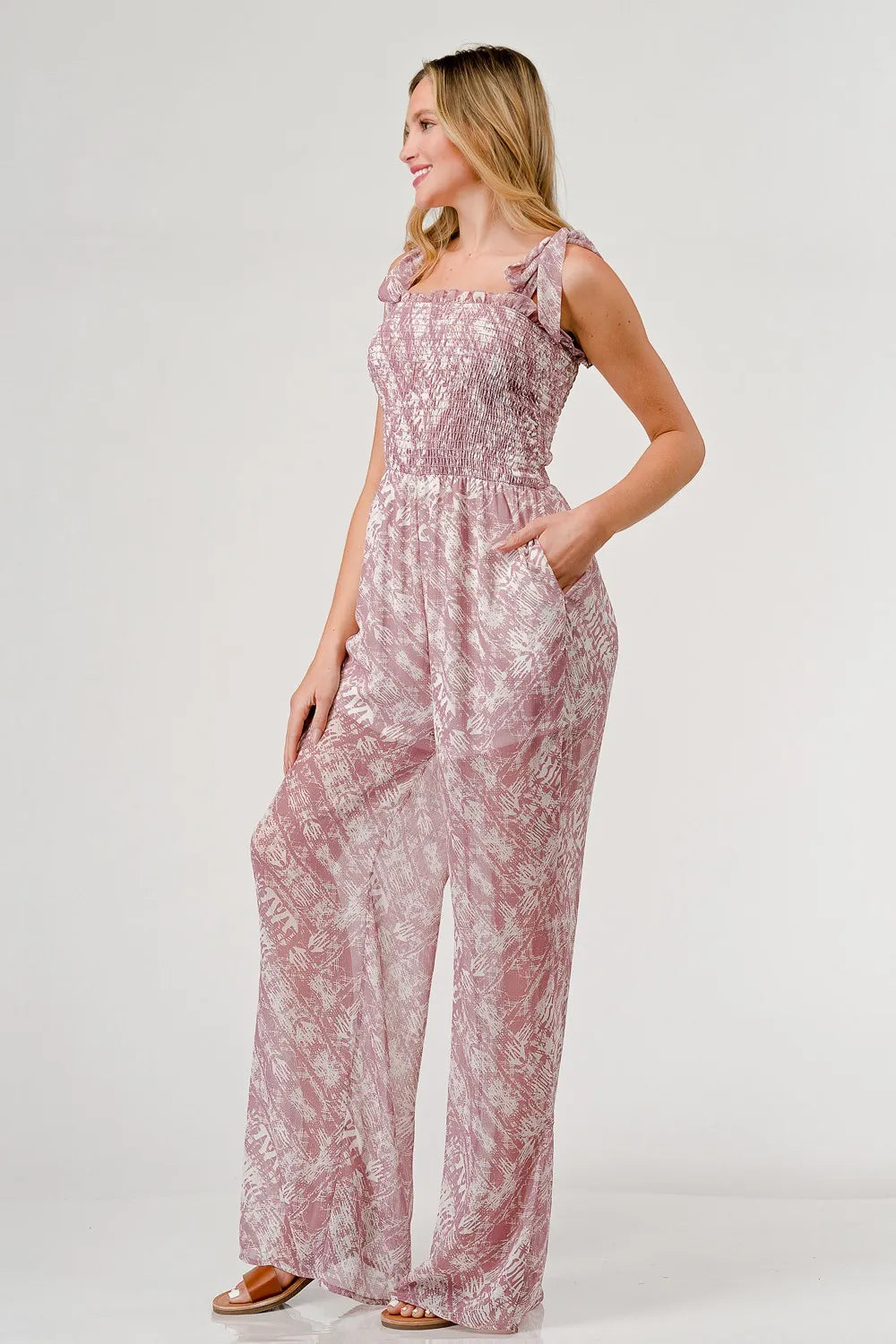 Printed Tie Shoulder Wide Leg Jumpsuit for Women