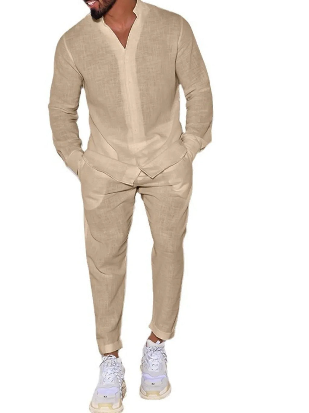 Button Up Long Sleeve Top and Pants Set in Gum Leaf for Men