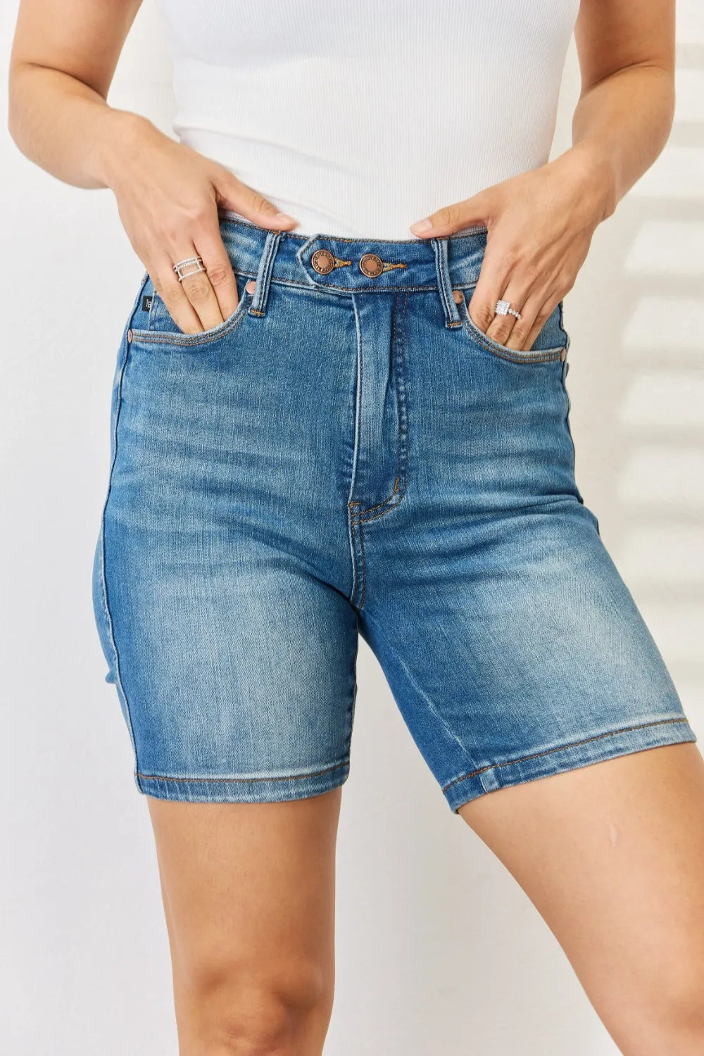 Plus Size Tummy Control Double Button Bermuda Denim Shorts in Medium for Women