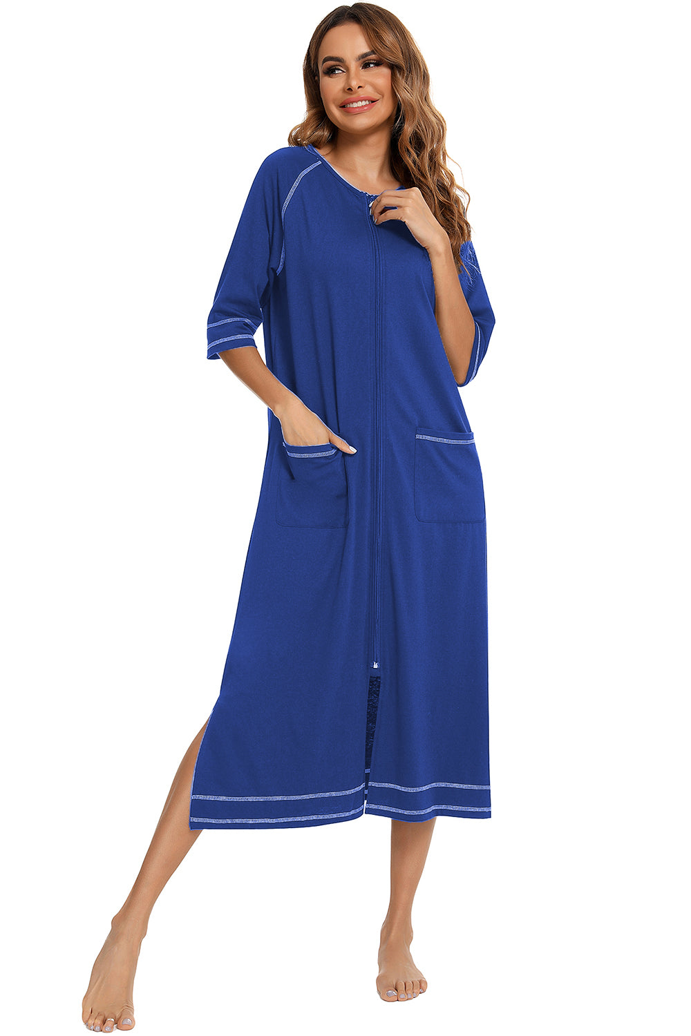 Zip Up Slit Round Neck Night Dress with Pockets in Violet for Women