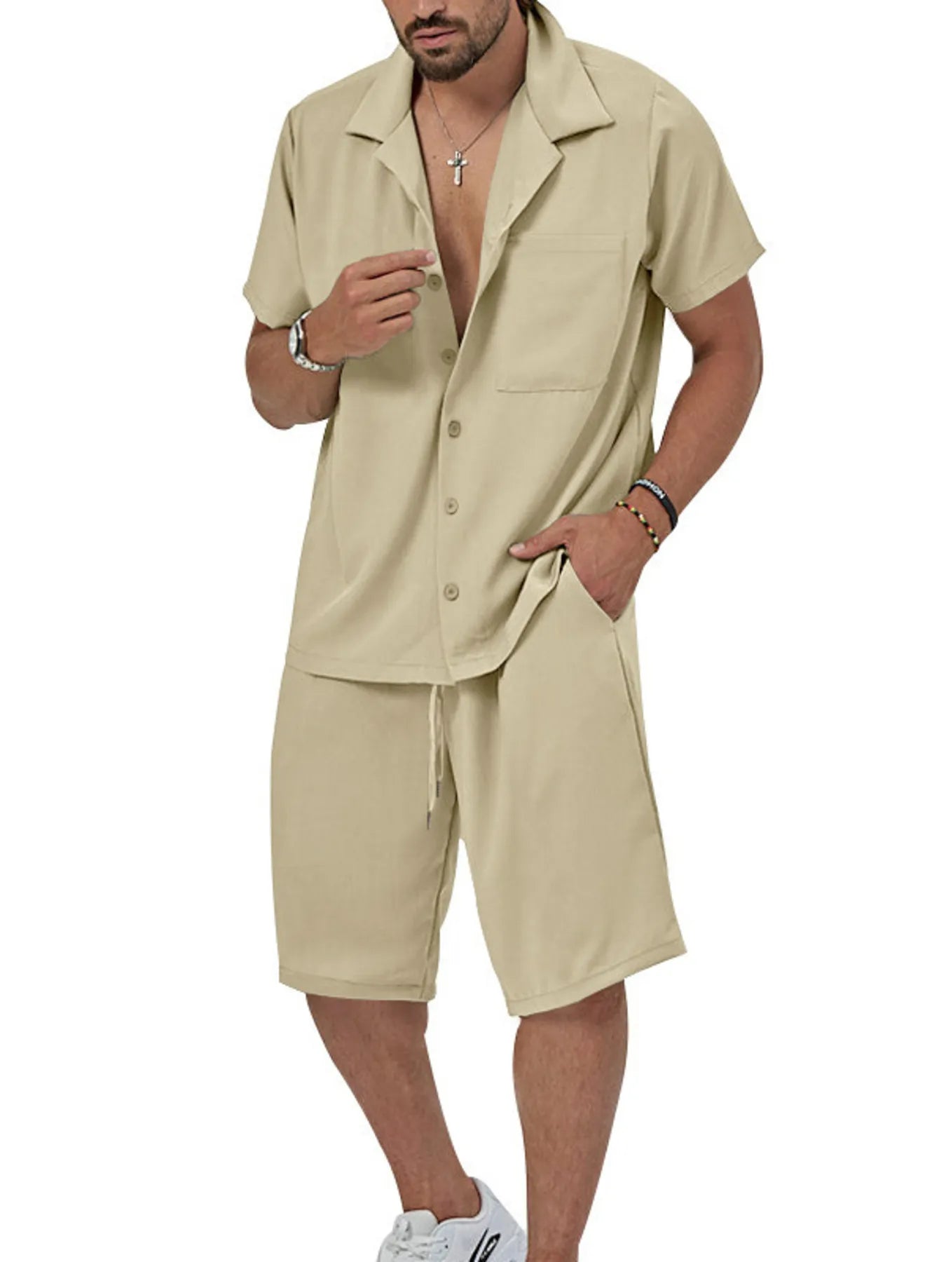 Plus Size Button Up Short Sleeve Shirt and Shorts Set in Military Green for Men
