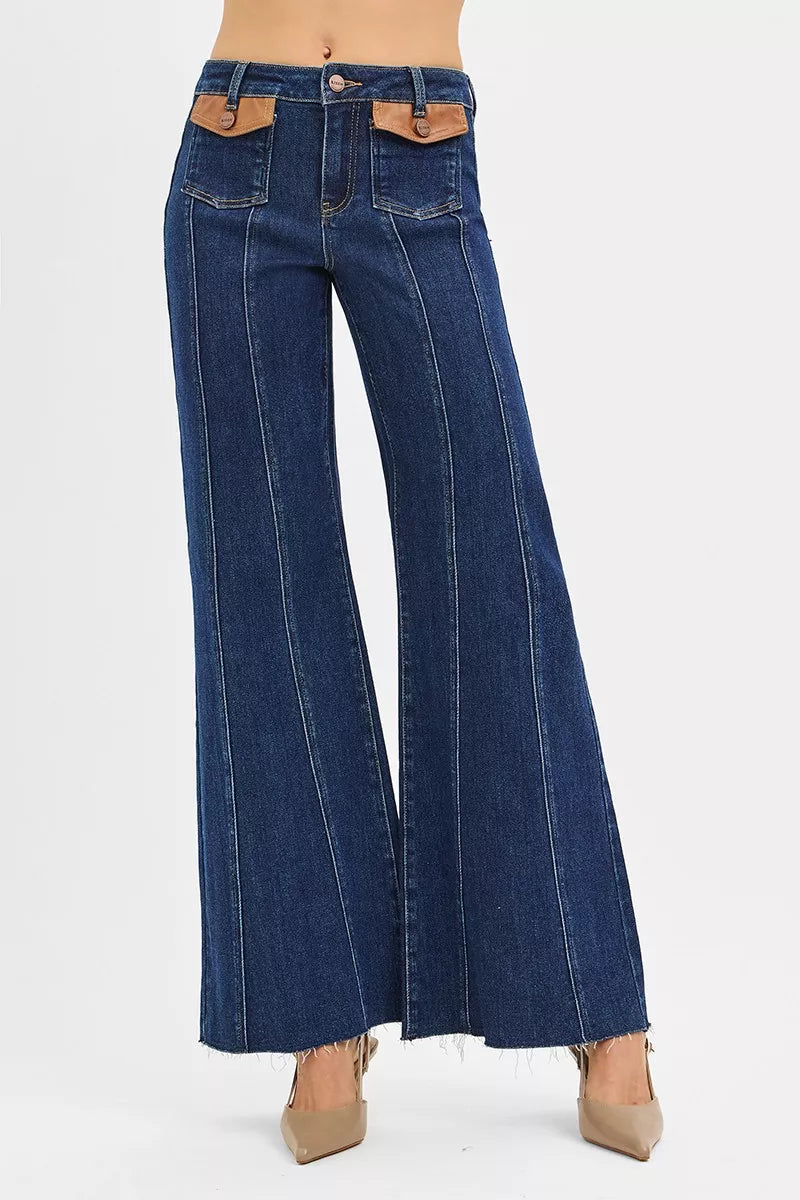 High Rise Wide Flare Jeans with Front Leather Pocket Detail in Dark for Women