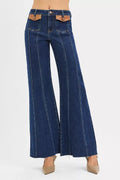 High Rise Wide Flare Jeans with Front Leather Pocket Detail in Dark for Women