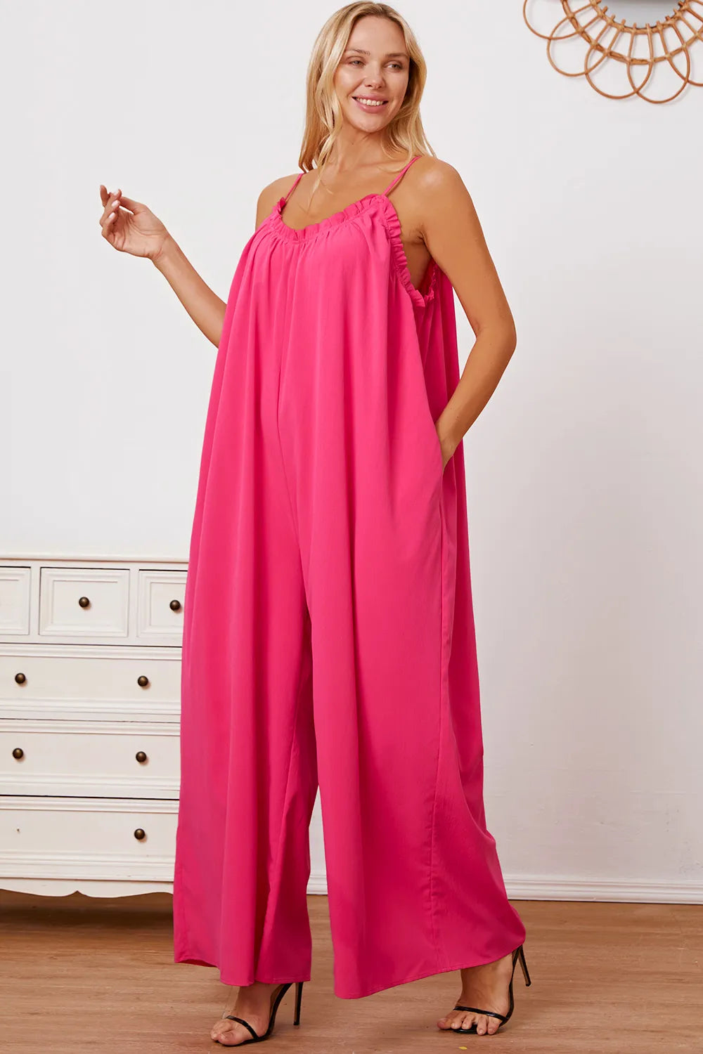 Plus Size Ruffle Trim Tie Back Cami Jumpsuit with Pockets in Hot Pink for Women