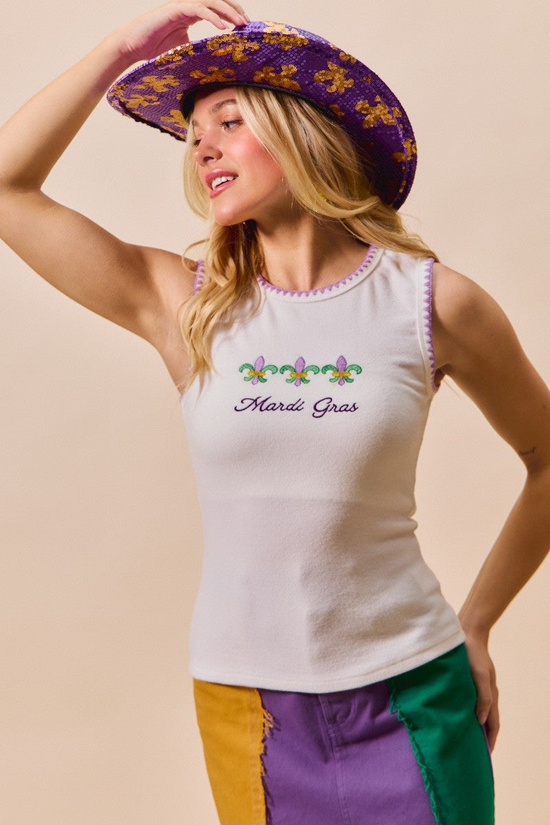 Mardi Gras Tank Top with Contrast Blanket Stitch for Women