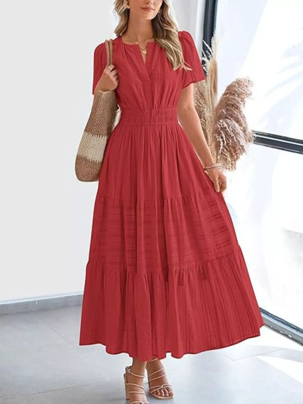 Plus Size Short Sleeve Tiered Midi Dress in White for Women