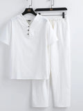 Plus Size V-Neck Short Sleeve Top and Pants Set in White for Men